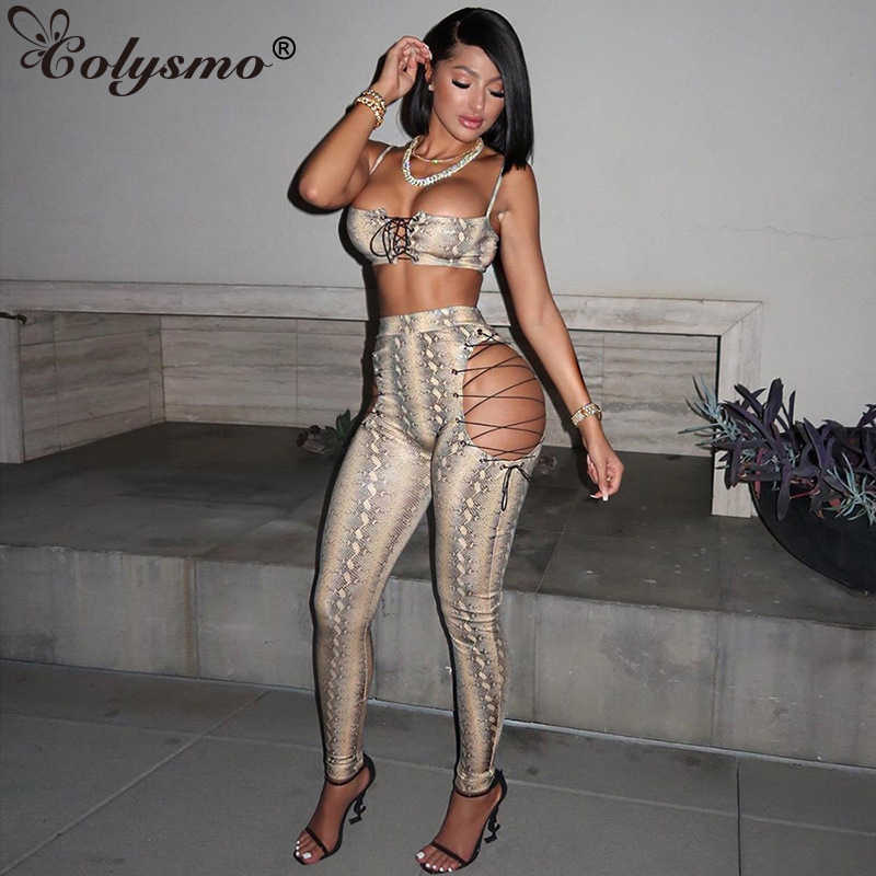 Colysmo Print Two Piece Pants Set Backless Square Neck Vest Cut out Bodycon Lace up Matching Sets Women Sexy Club Outfits 210527