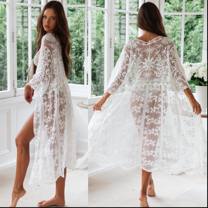 Bikini Summer Beach Kimono Womens Shirt Cardigan Lace Sheer Cover Up Long Shirts Sundress, White