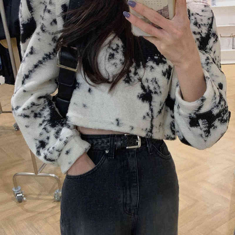 Nomikuma Korean Ink Tie-dye Printing Pullover Short Sweatshirt Long Sleeve O-neck Hoodies Autumn Winter Women Jumper 6D438 210427