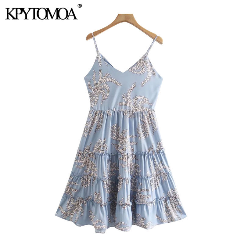 Women Chic Fashion Leaves Print Mini Dress Backless Side Zipper Thin Straps Female Dresses Vestidos 210420