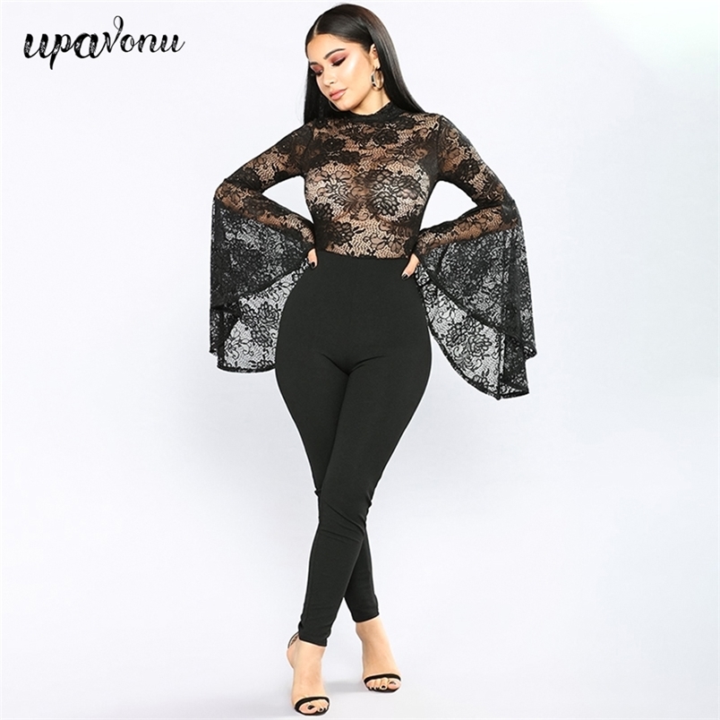 Free Sexy Hollow Lace Bandage Jumpsuit Runway Women's O-neck Red Black Bodycon Flared Sleeve 210524