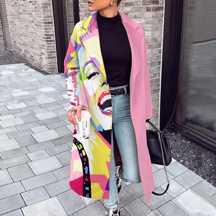 Women&#039;s Wool & Blends 2021 Fashion Portrait Print Women Long Overcoat Winter Elegant Lady Cardigan Outerwear Casual Lapel Sleeve Blend Coats от DHgate WW