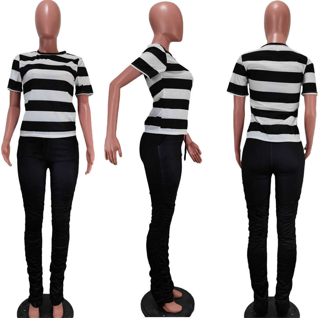Wholesale Pants 2 Piece Suits Fashion Color Matching T Shirt Hip Slim Pleated Micro Flared Outfits Ladies Print Casual Clothing