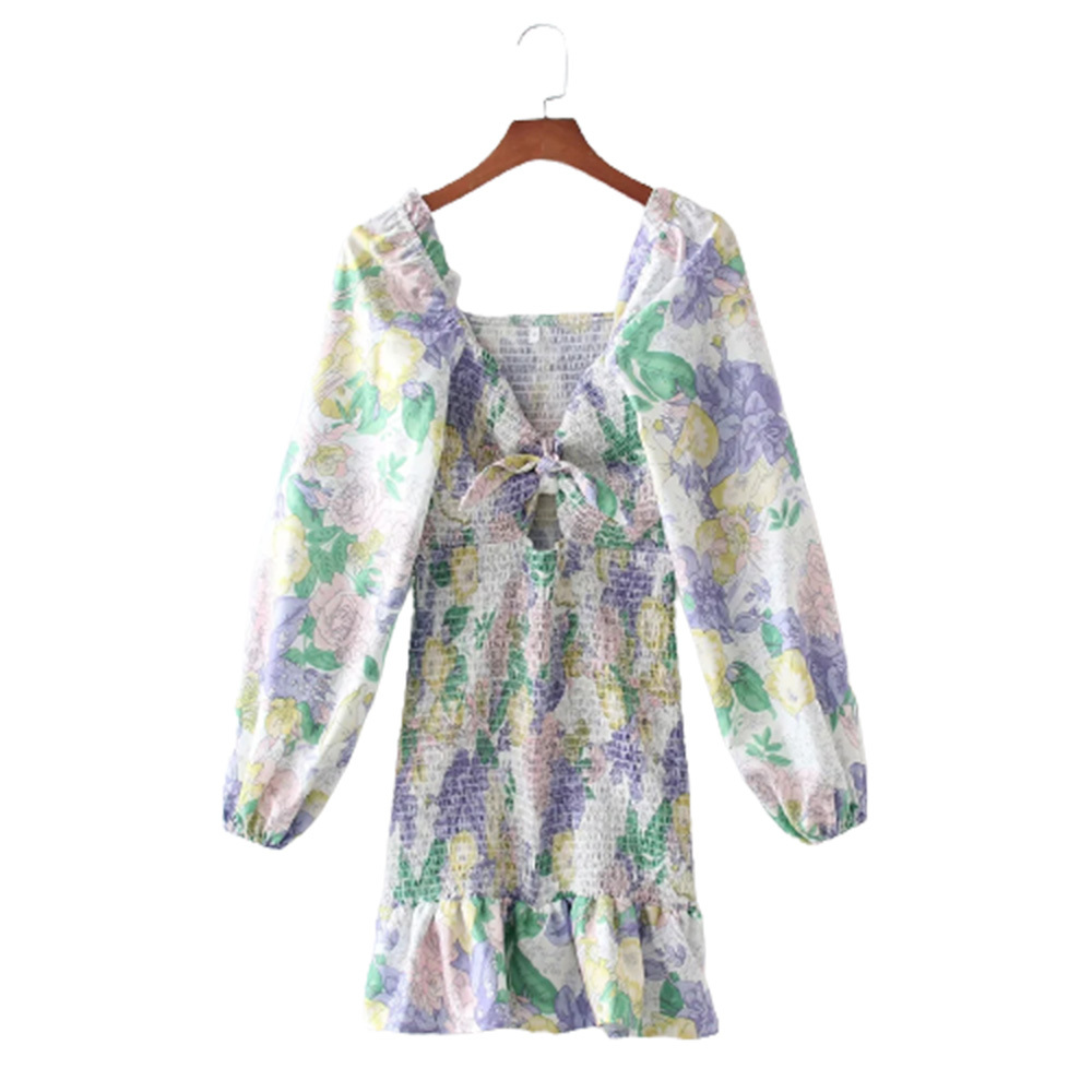 BBWM Holiday Summer Dress Women Elasticity Sweet Ruffle Sexy V Neck Long Sleeve Vestido Mujer A-line Mini Floral Print Dress 210520