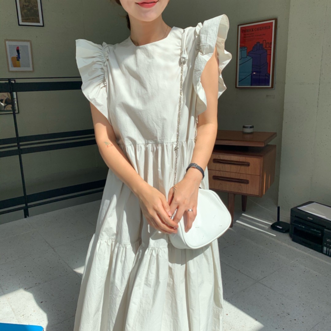Chic Korean Summer Casual Gentle O Neck Ruffles Pleated Patchwork Loose White Big Swing Flying Sleeve Dress Women Vestido 210429