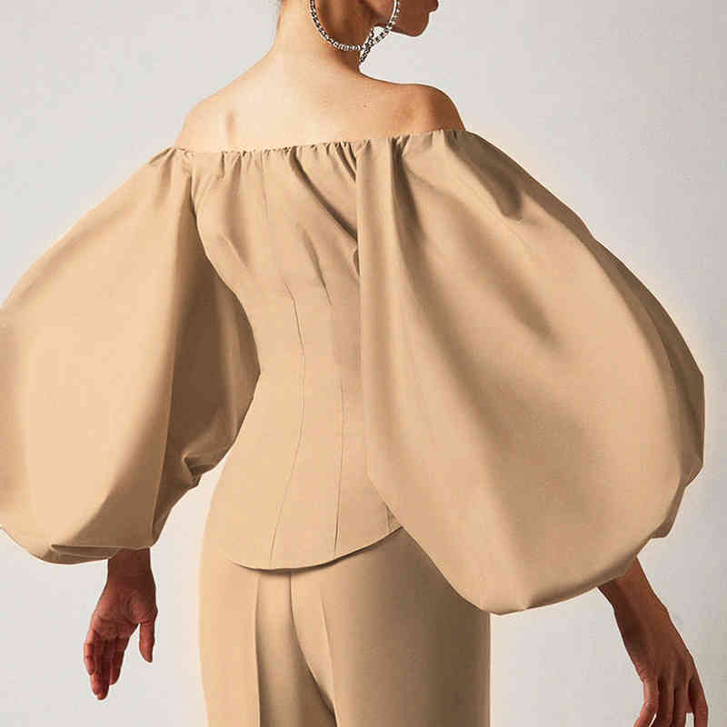 Fashion Sexy Off Shoulder Blouses Women Spring Summer Lantern Long Sleeve Shirts Print Top Vintage Holiday Elegant Shirt Blusas 210515