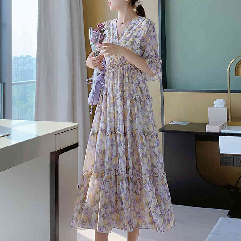 Summer French Style Elegant Chiffon High Waist Floral Dresses V Neck Loose Half Ruffle Sleeve Party Midi Dress Women D12701X 210416