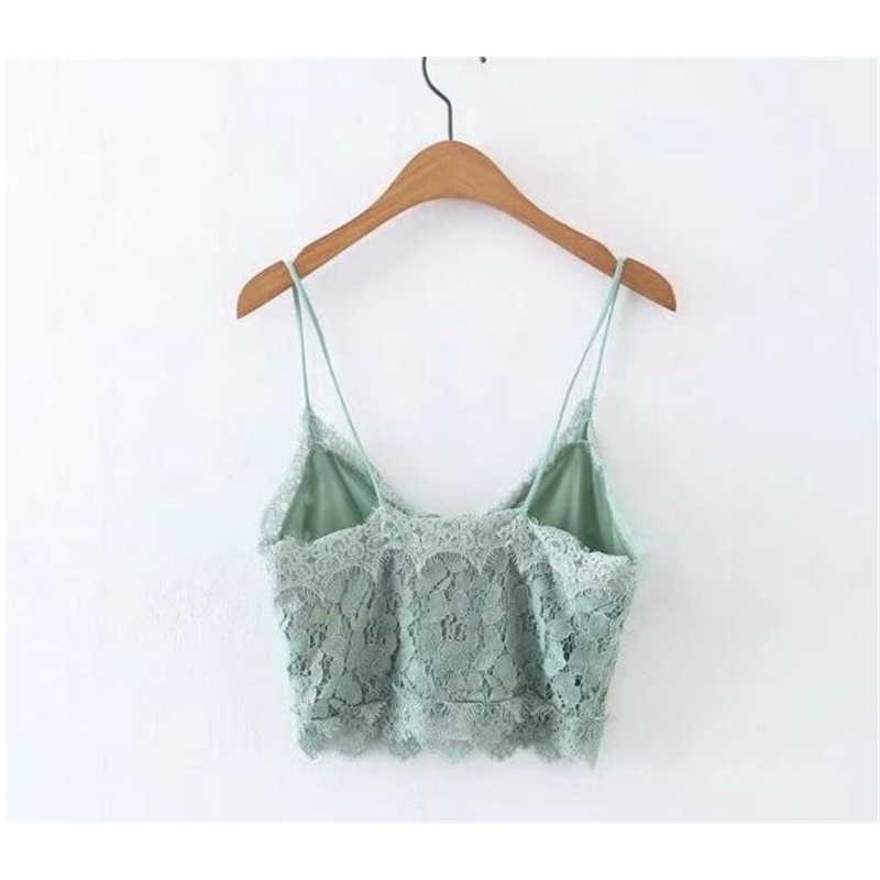 Toppies Women Summer Mint Green Solid Color Lace Crop Tops V-neck Sexy Strap Bra Camis 210625