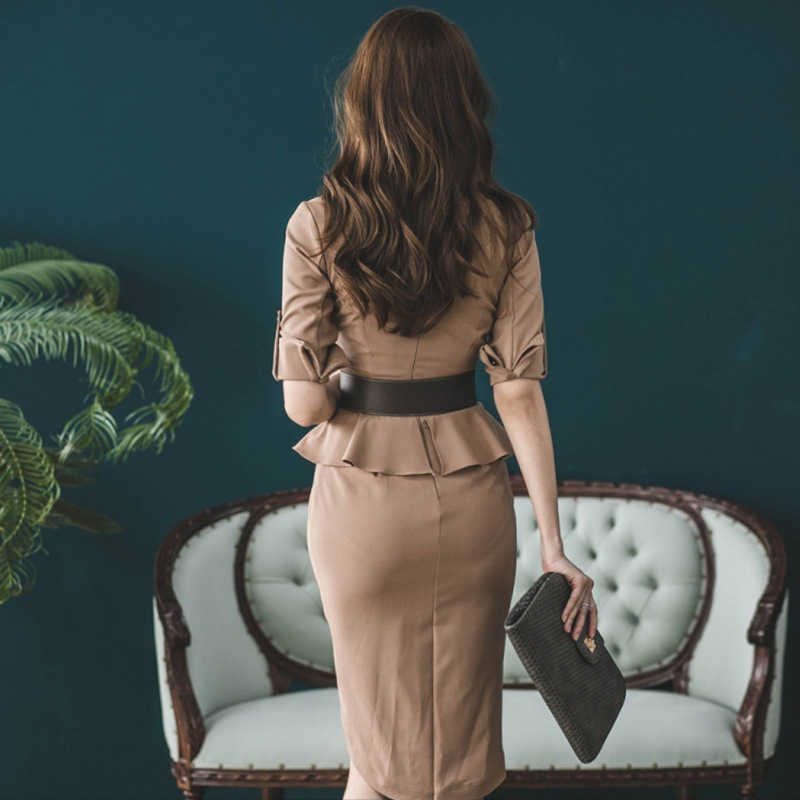 Elegant Women Pencil Dress Vestidos Autumn Half Sleeve Peplum Office Ladies Work Sheath Bodycon Dresses 210603