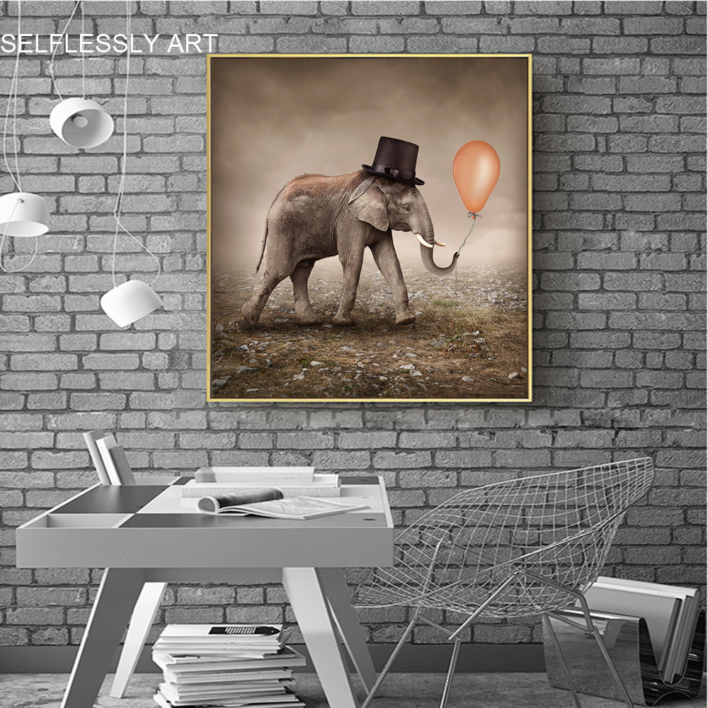 Elephant With Hat Balloon Canvas Painting Wall Pictures For Living Room Animal Art Poster and Print Vintage Pictures Home Decor