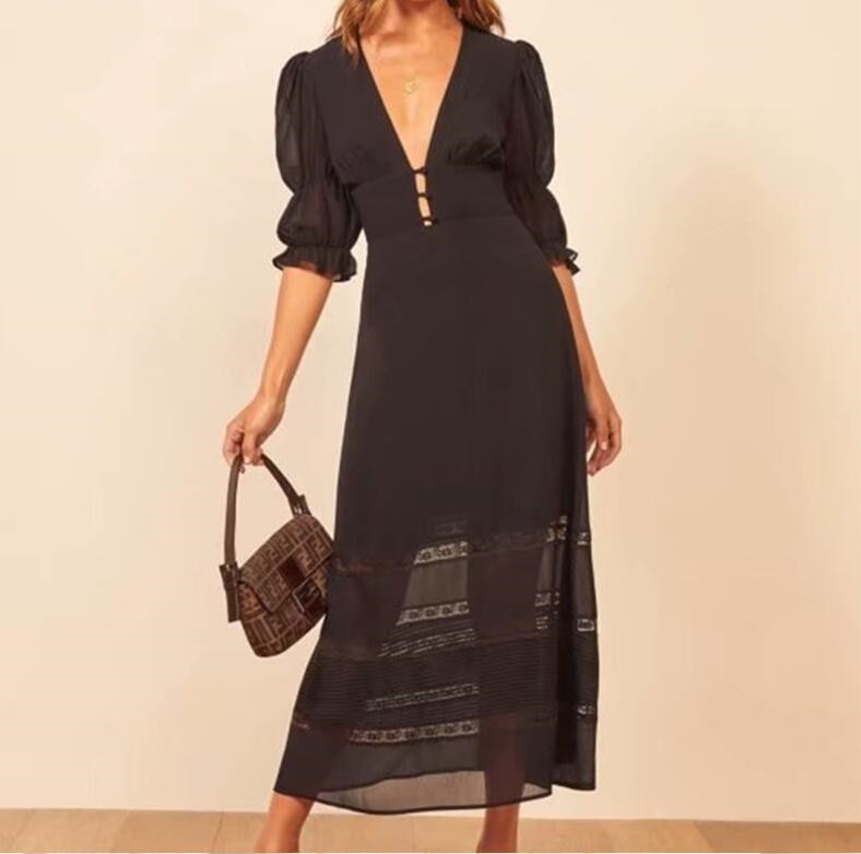 Vintage France Style Spliced Hollow Out Lace Women Midi Dress Elegant Buttons Deep V neck Half Sleeve Long 210429