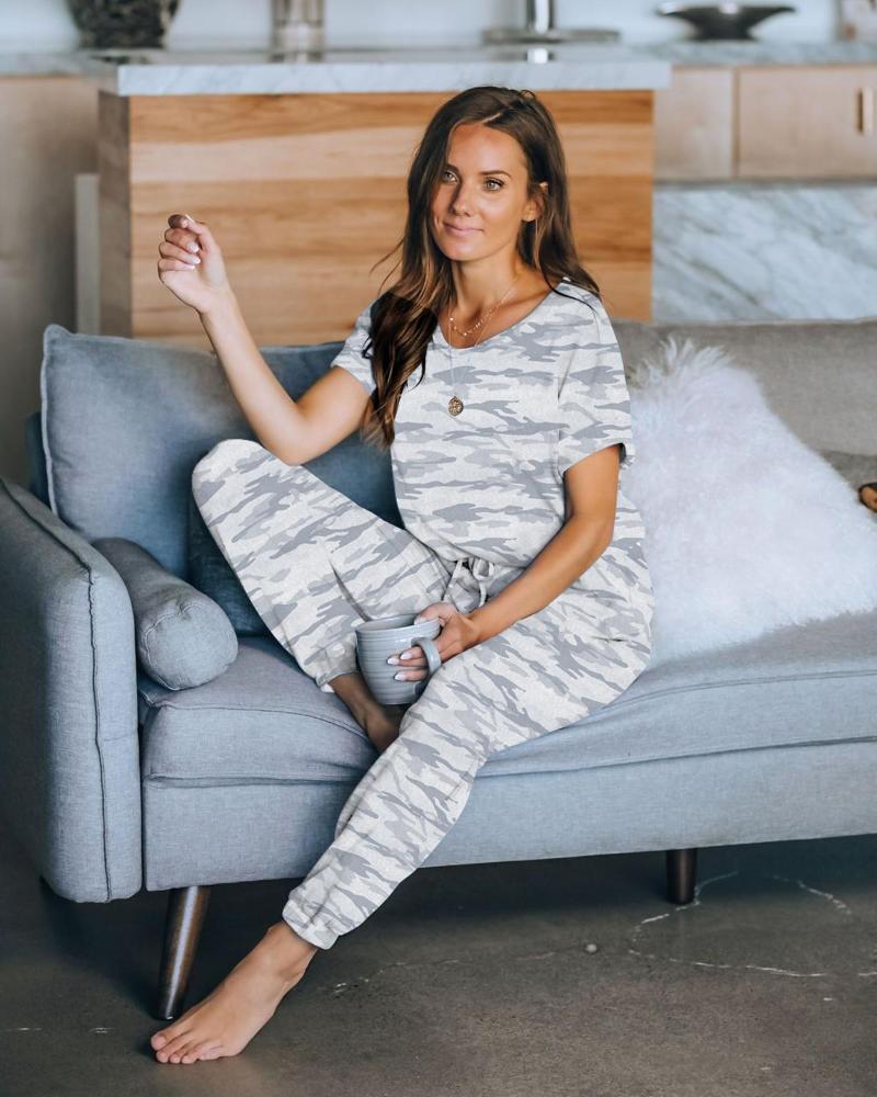 Love Aing 2021 Summer Women's Tie-dye Printing Pajamas Casual Short-sleeved Drawstring Nine-point Pants Suit Home Service Two Piece Dress