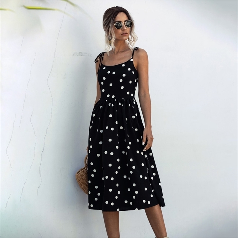 Women Dress Summer Spaghetti Strap Casual Polka-dot Sexy Backless Dress Lacing-up Bow Slip Sundresses Black White Clothes 210409