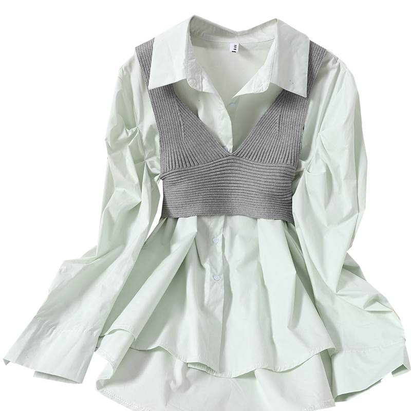 Nomikuma Two Piece Blouse Sets Puff Sleeve Medium-long Blouses Shirt + Knitted Slim High Waist Short Vest Women Outfits 6D869 210427