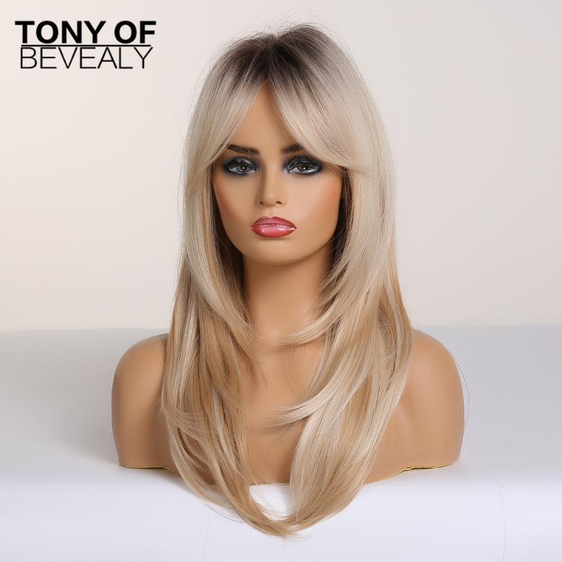 Synthetic Wigs Long Black To Blonde Ombre For Women Afro Cosplay With Bangs Wavy Layered Heat Resistant Fiber