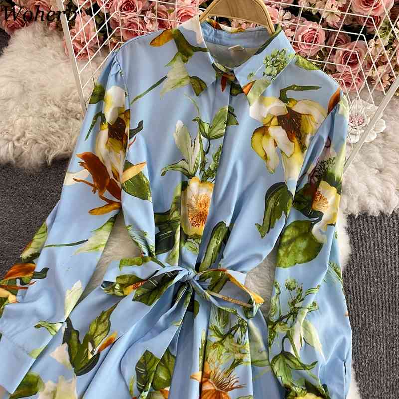 Fashion Floral Dresses Women Temperament Turn-down Collar Dress Spring Robe Lace Up Slim Big Swing Elgant Vestidos Mujer 210422