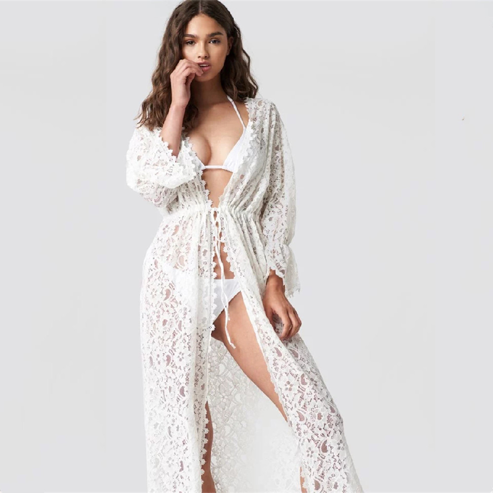 Tunics for beach Long Lace Beach Dress Women Swim Cover up Plus size Saida de Praia Robe Plage Kaftan #Q973 210420