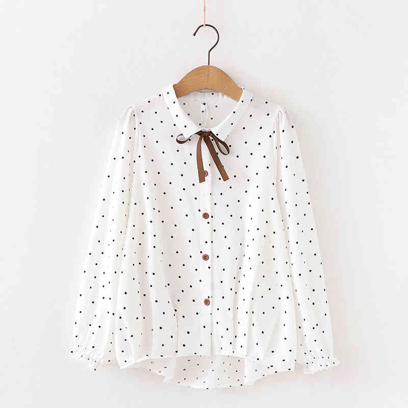 Women Retro Polka Dot Blouses Spring Autumn Bow Collar Long Sleeve Chiffon Shirts Female Single-Breasted Sweet Blusas Tops 210514