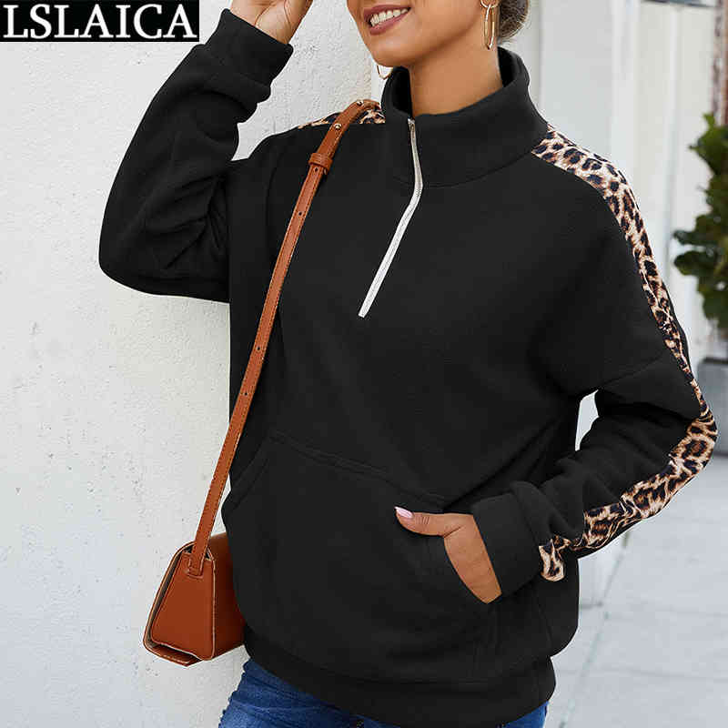 Long Sleeve Autumn Clothes Women Stand Collar Zipper Leopard Print Patchwork Pullover Loose Pockets Streetwear Sweatshirts 210520