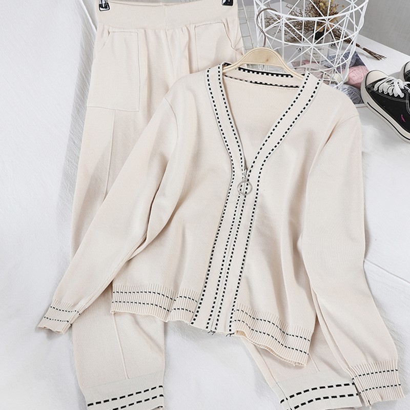 Women Stylish Suit Lady Chic V Neck Zipper Long Sleeve Coats Causl Pants Solid Knitting 2 Piece Set Autumn Winter 210506