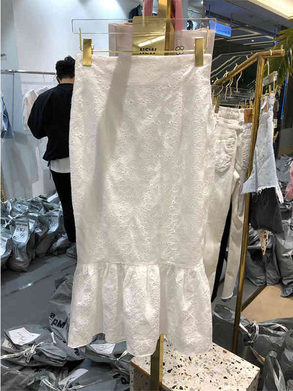 Temperament Fashion Summer White Square Neck Lace Blouse Short High Waist Wrap Hip Mermaid Skirts Slim Matching Sets Dress Sexy 210429