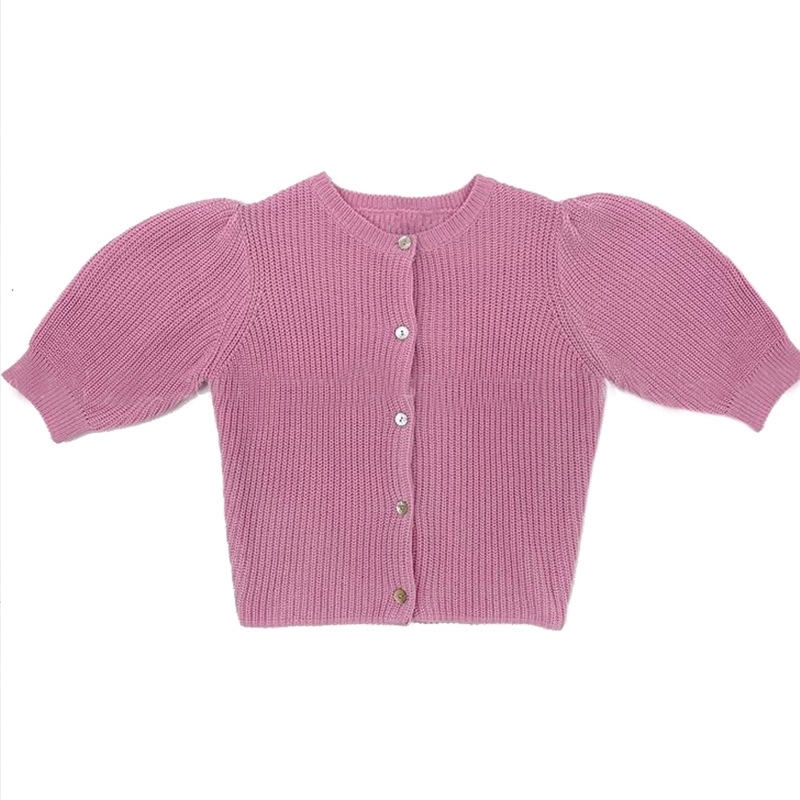 WOMENGAGA Korea Summer Tops Sexy Pink Women's Sweet Lady Puff Sleeve Short Knitted Slim T Sweater Women 8UY5 210603
