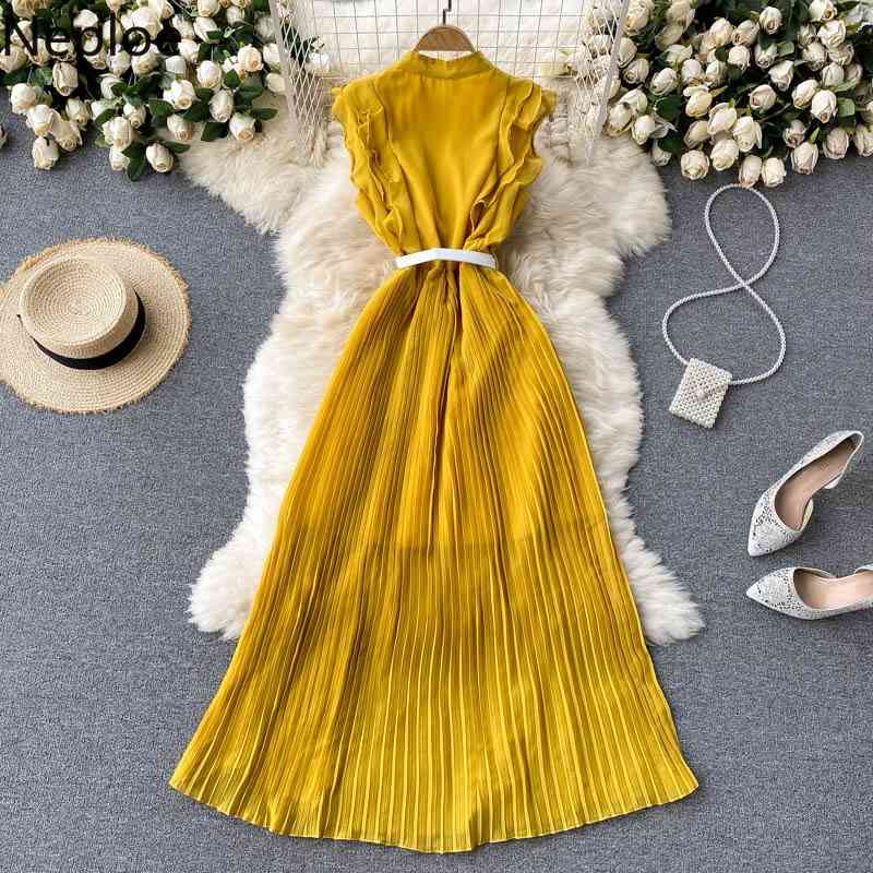 Neploe Seaside Holiday Dress Women Summer Robe Sweet Ruffles Slim Fit Vestidos Female Chiffon Pleated Elegant Maxi Dresses 95511 210422