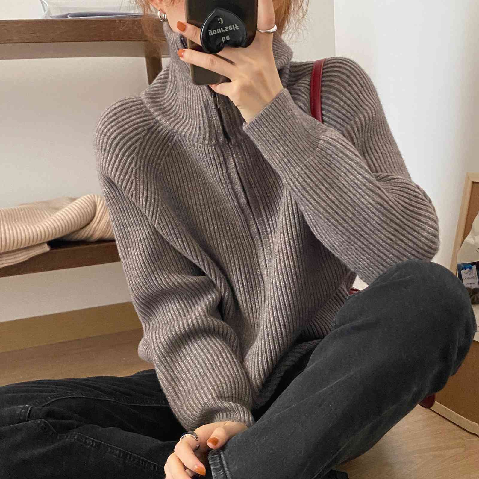 OL Outwear Tops Solid Sweater Women Autumn Winter Elegant Lapel Thick Warm Knitted Cardigan Female Sweaters 210421