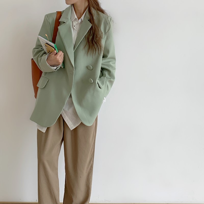 Korea Chic Loose Light Green Women Autumn Female Jacket Full Sleeve Outwear Blaser Femme Mujer Chaqueta With Bag 210520