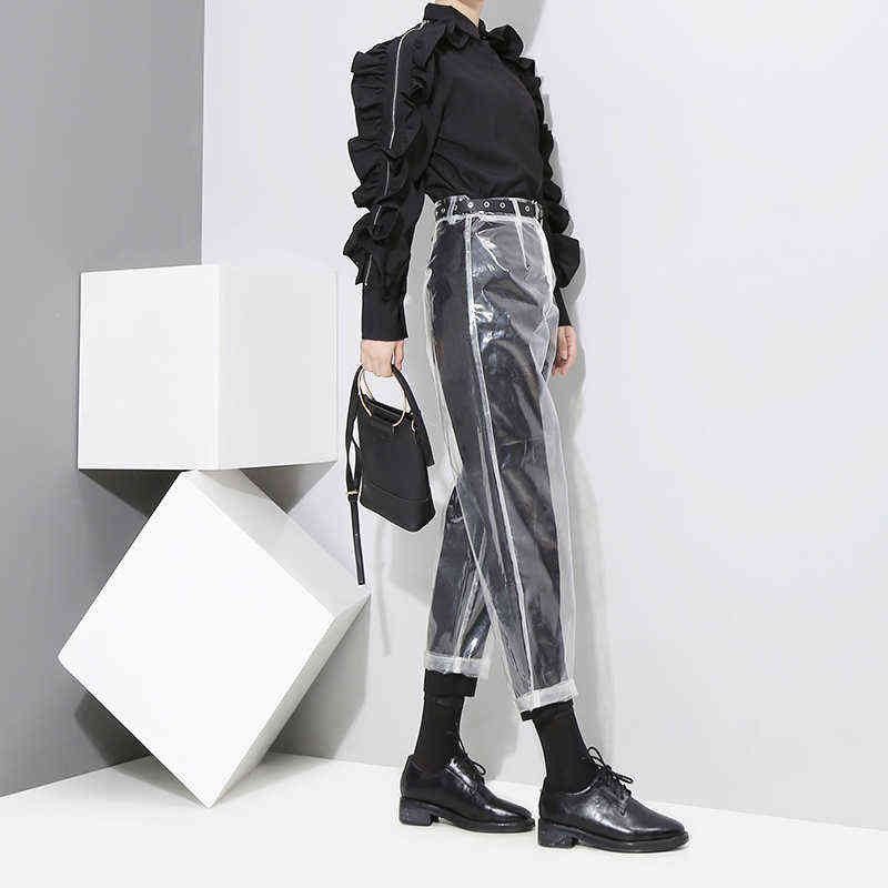 [EAM] auutmn Fashion Pattern Korean Style Transparent Color Pants Woman Ankle-length YA84900 211115