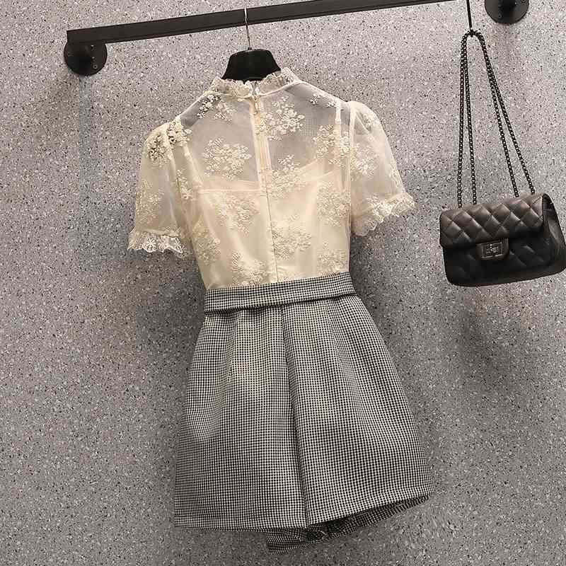 Elegant Women Summer Office OL Party Dress Sweet Lace Splicing Plaid High Waist Slim Mini Vestidos 210519