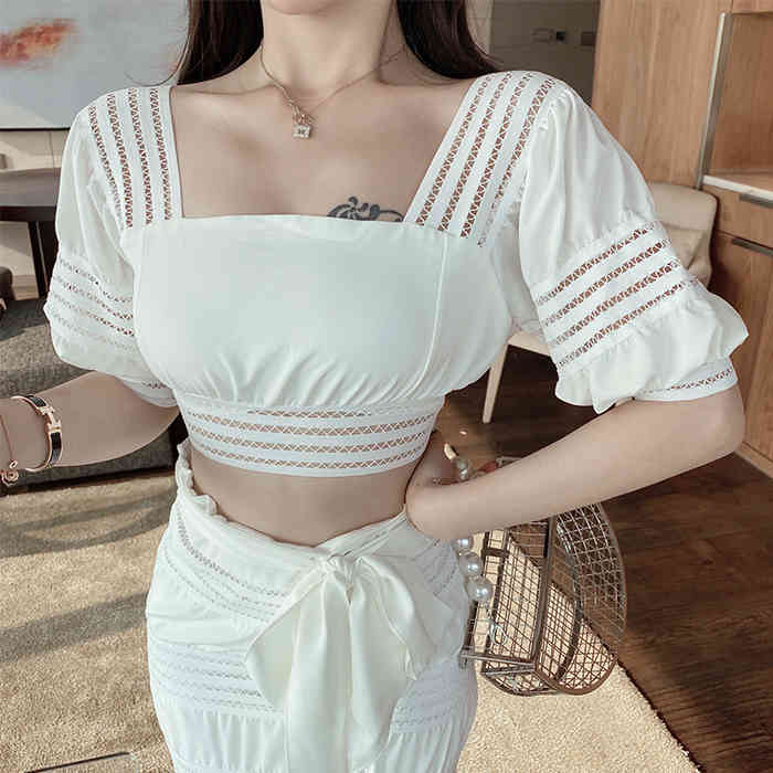 Summer 2pcs Set Women Boho Elegant Square Collar Puff Sleeve Sexy Crop Top + High Waist Bodycon Bowknot Mermaid Skirt Suit 210519