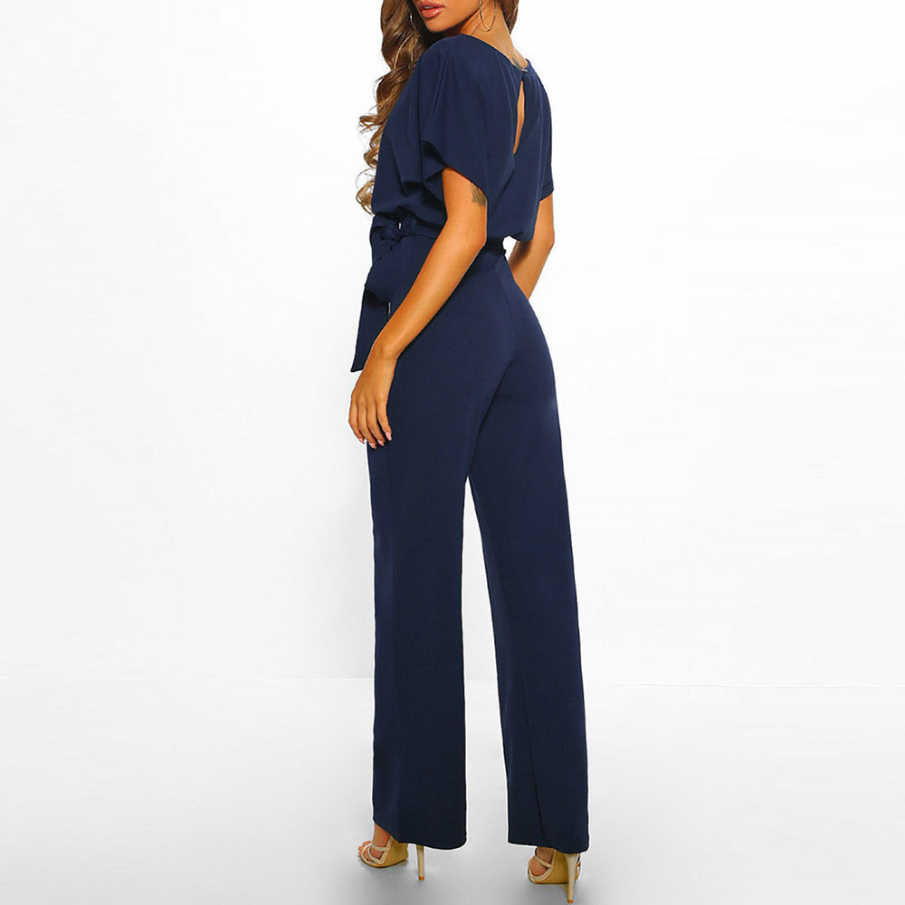 Summer Chiffon Jumpsuit Casual Solid Short Sleeve Wide Leg Jumpsuits with Belt Plus Size 3XL Overalls Rompers 210428