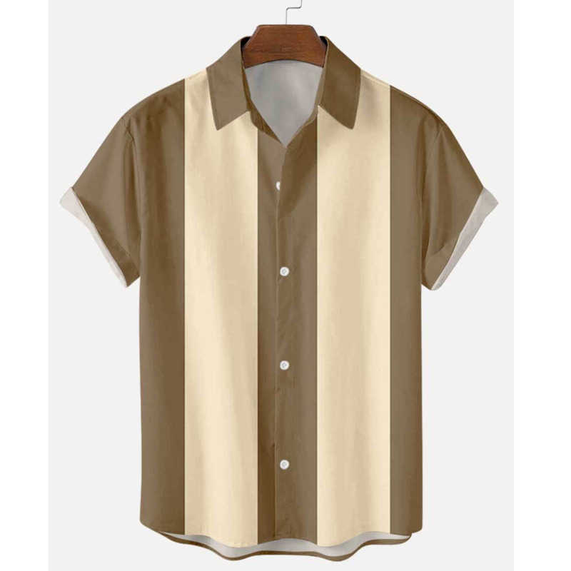 Men's 50s Shirt Vertical Striped Shirts for Men Button Up Short Sleeve Blouse Plus Size S-6XL Mens Bowling Dress 210809