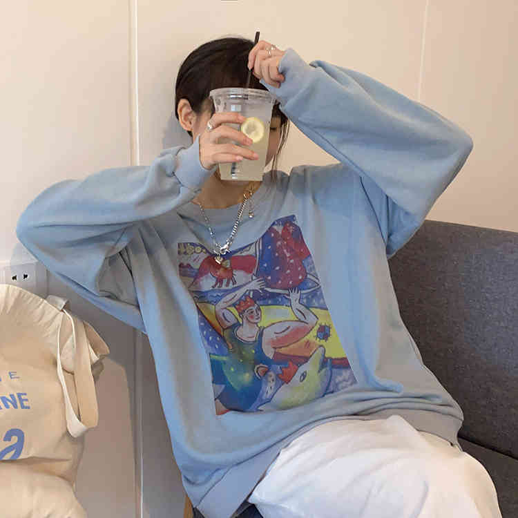 korean style large print long sleeve female thin loose sweatshirts womens streetwear clothes (F4102) 210423