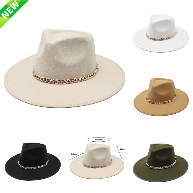 Wide Brim Hats Women Gold Chain Felt Fedora Hat Men Panama Winter Wool Vintage Jazz Gentleman Wholesale