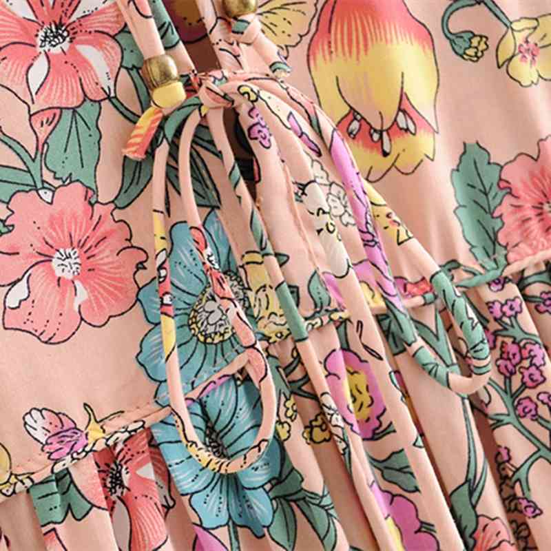 beauty Fashion Boho Style Floral Print Maxi Dress Women Holiday Chic Bow Tie Summer Dresses Female Loose Beach Wear 210514
