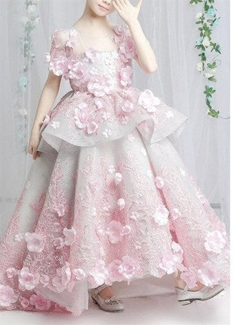Light Pink Flower Girl Dress Tiered Tulle 3D Floral Appliqued Lace Up Ruched Cute Elegant Custom Made Sweep Train Birthday Gowns Pageant Wedding Wear
