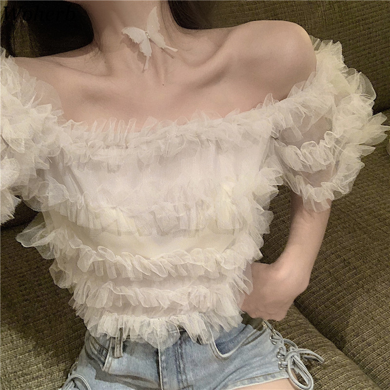 Sexy Off Shoulder Crop Top Women Summer Streetwear Lace Chiffon Ruffle Cake Blouse Korean Chic Elegant Blusas 210519