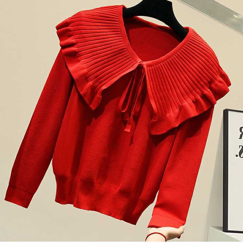 Peter Pan Collar Knitted Pullovers Woman Long Sleeve Solid Soft Fall Sweater Lace Up Elegant Office Lady Jumpers 211018