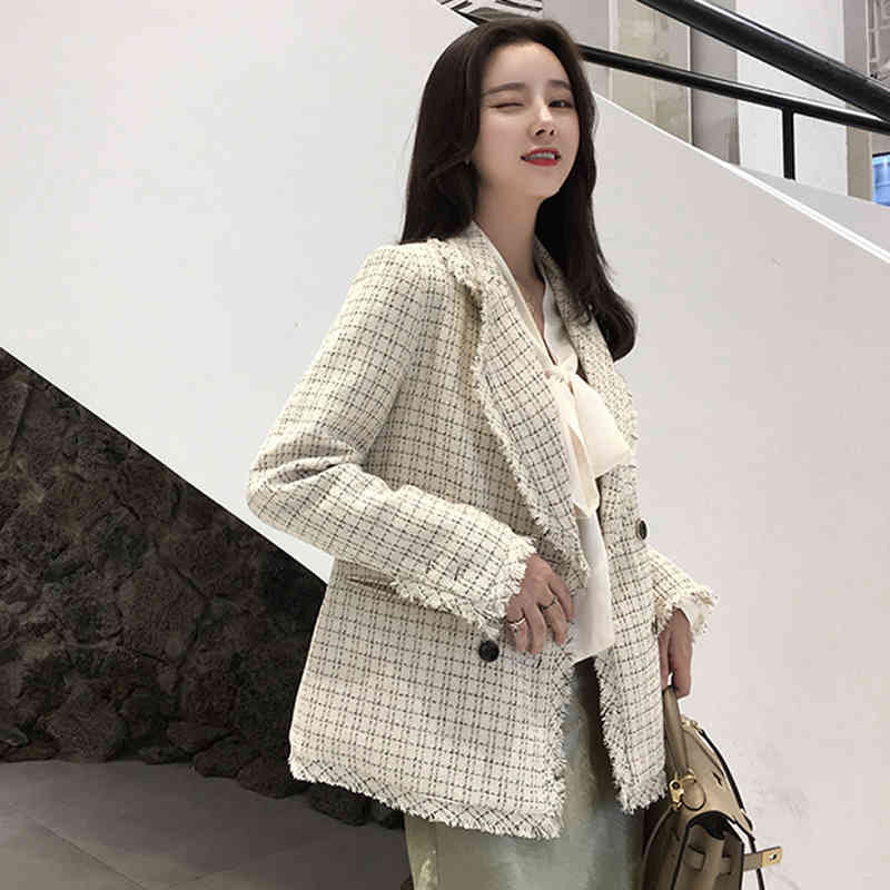 Women Blazer Casual Office Plaid Jacket Autumn Notched Collar Long Sleeve Tweed Suit Ladies Jackets Double Breasted Blazer Coat 210414
