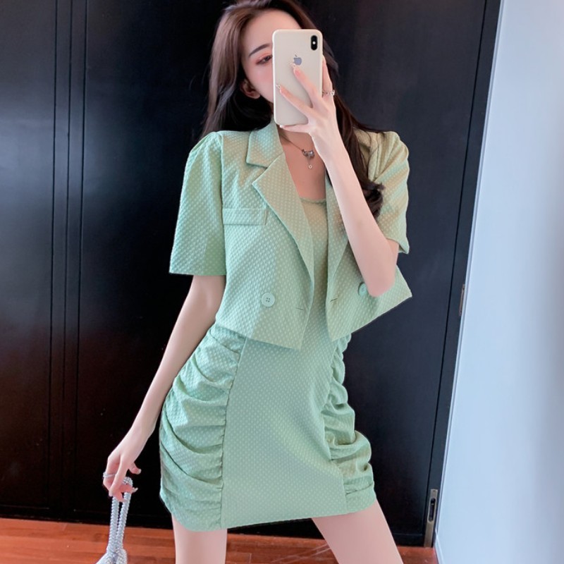 Korean Spring Fashion Two Piece Set Women Notched Short Sleeve Crop Top +Suspender Sexy Mini Dress Outfits 210519