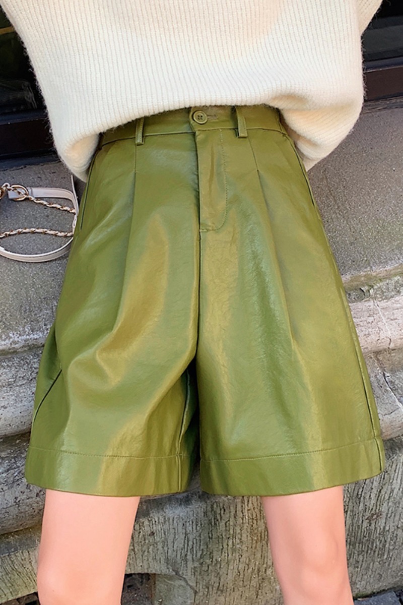 Nomikuma PU Leather Wide Leg Half Pants Autumn Winter Korean Causal Bottoms Women New High Waist Fashion Pants Capris 6C912 210427