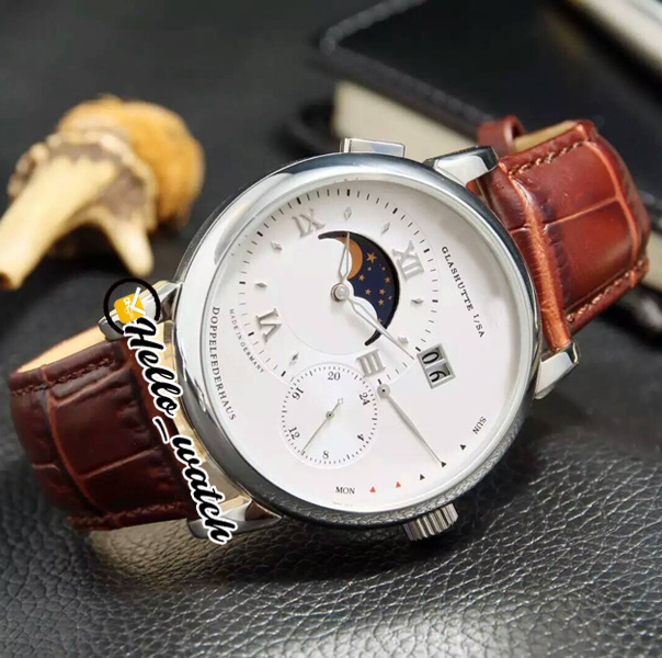 Special Offer Watches Grand Lange1 139.032 Automatic Mens Watch Moon Phase Steel Case White Dial Brown Leather Strap Hello_Watch, Slivery;brown