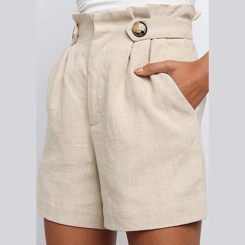 Summer High Waist Cotton Linen Shorts Women Casual Loose Ladies Fashion Roll Up Hem Elastic Pocket 3 Colors Female Women's