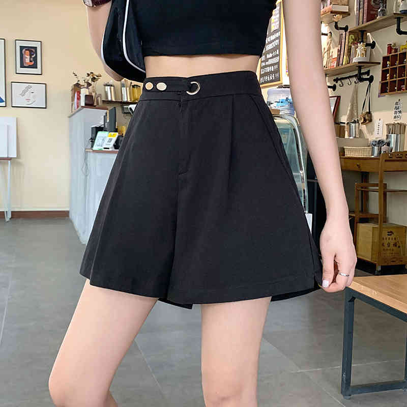 Korean Casual Chic Streetwear Solid Fashion High Waist Loose Wide Leg Femme Sexy Women All-Match Shorts 210421