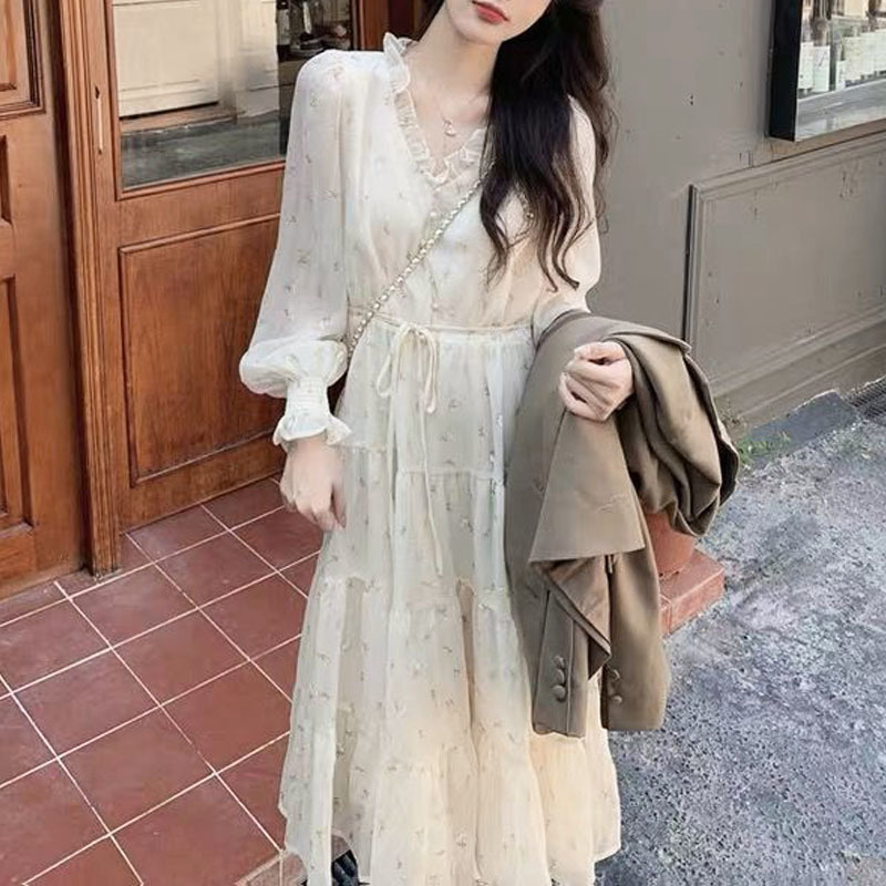 Summer Floral Dress Women French Elegant Chiffion Casual Sweet Fairy V-neck Midi Dress Office Lady Dress Korean 210521
