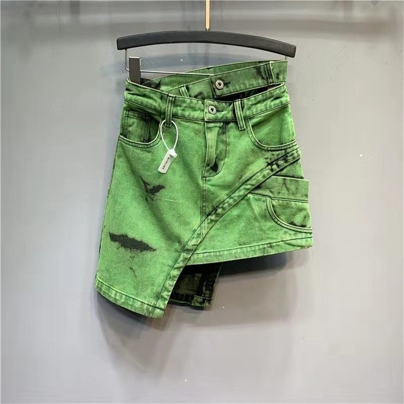 Arrival Summer European Style Women High Waist A-line Skirt Asymmetrical Cotton Denim Above Knee, Mini Skirts W336 210512