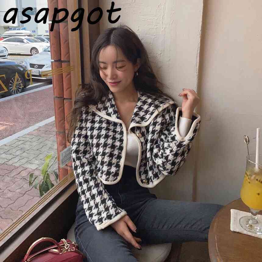 Coats & Jackets Women's Clothing Chic Korean Vintage Long Sleeve Black White Contrast Color Sailor Collar Plaid Jacket Short 210429