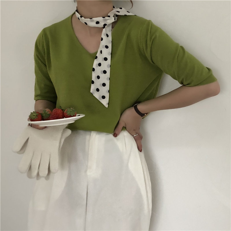 Minimalist Casual Half-Sleeved Fashion Tee Chic Vintage Summer Women Solid Loose All-Match Knitted T-shirt 7 Colors 210421